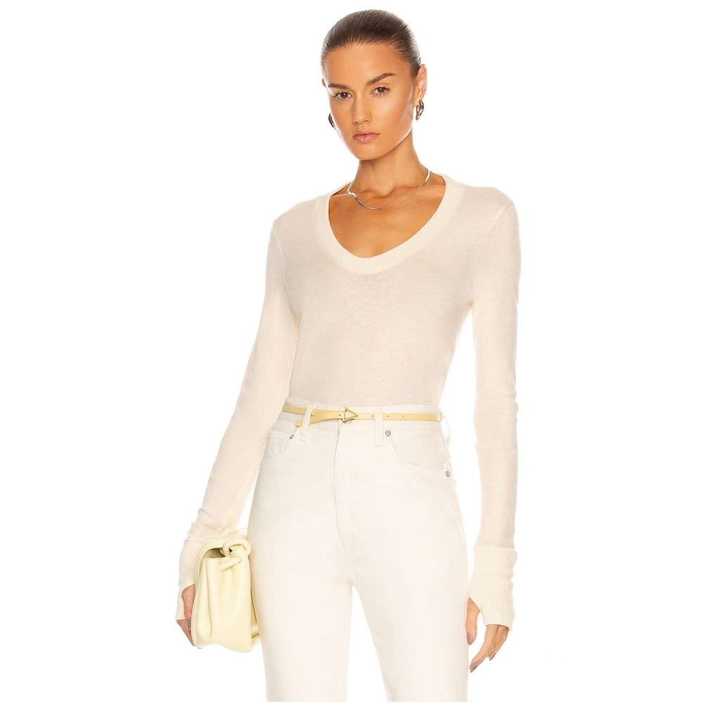 ENZA COSTA Cashmere Easy Cuffed U Neck Top Womens Small Cream Long Sleeve NEW - Picture 2 of 16